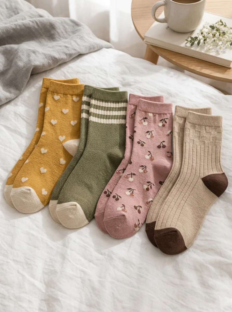 Women's Aesthetic Vintage Heart Cherry Striped Printed Socks 4-Pack