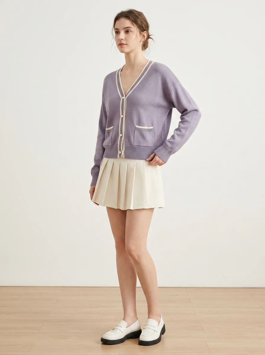 Women's Casual V-Neck Contrast Trim Buttoned Knit Cardigan