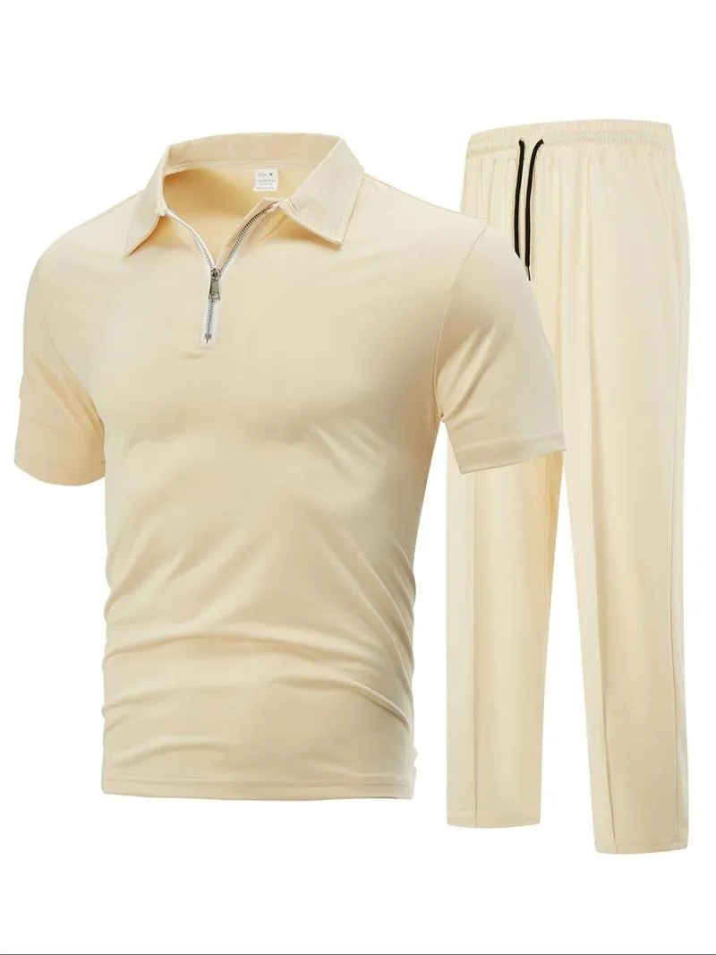 Men's Plain Half Zip Up Shortsleeve Polo Shirt & Drawstring Waist Pants Two-piece Set