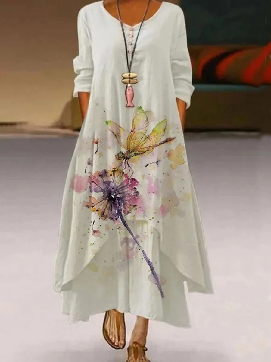 Round Neck Dandelion Print Loose Long Sleeve Maxi Dress