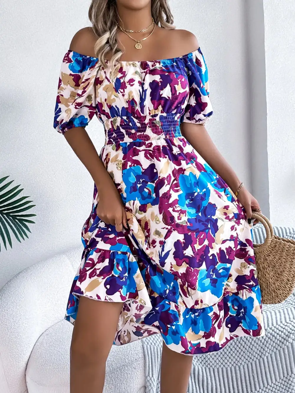 Textured Ruffle Trim Smocked Dress