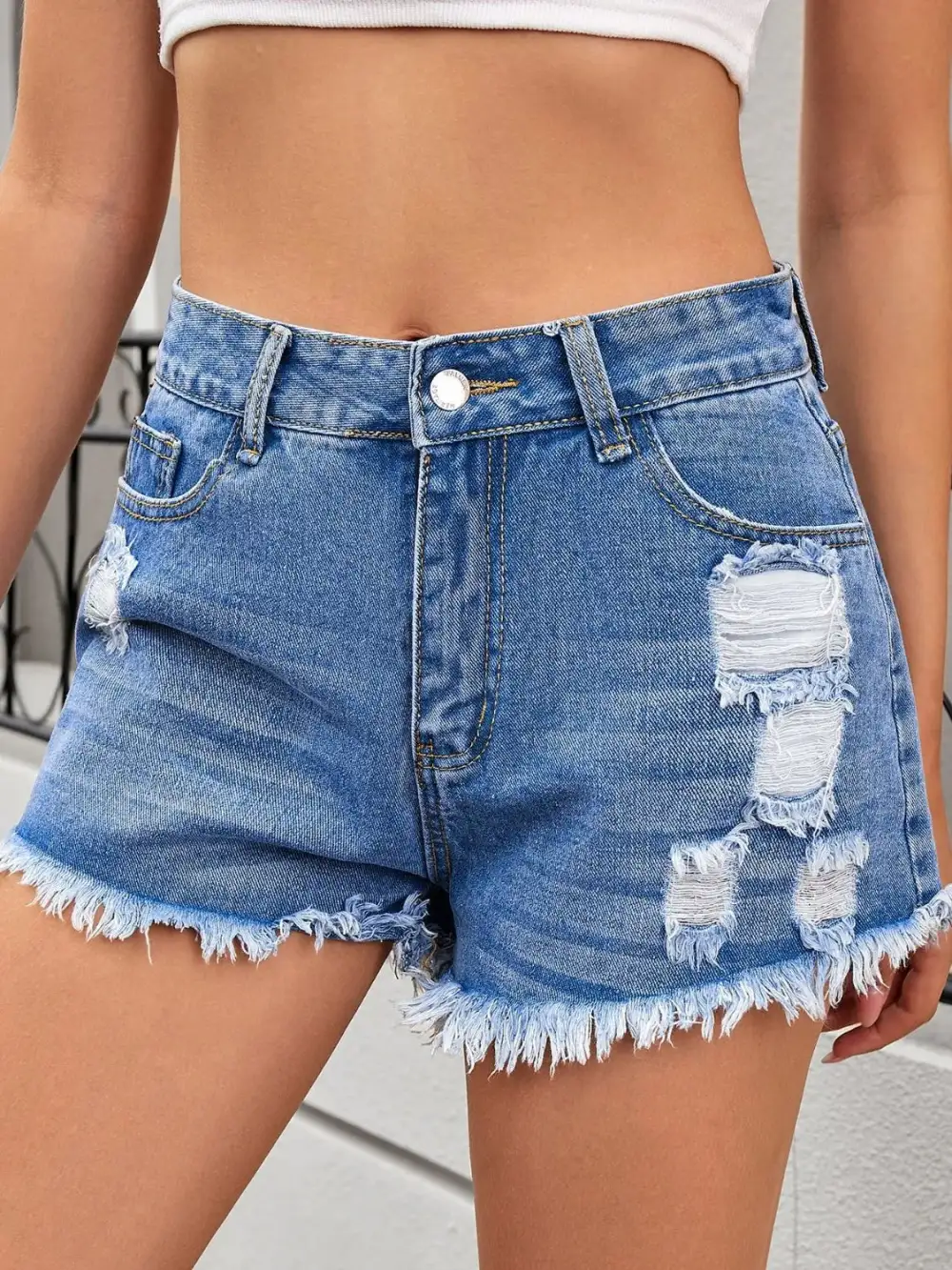 Tailored Distressed Raw Hem Denim Shorts