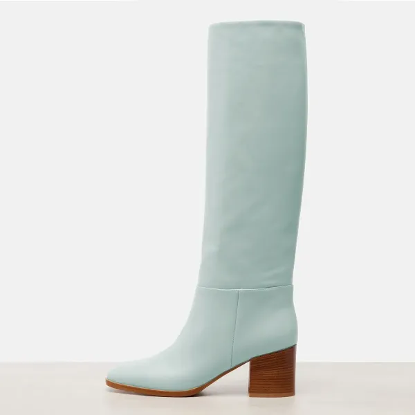 Faux-Leather Pull-On Round-Toe Block-Heel Knee-High Boots