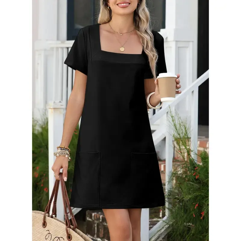 Women's Solid Color Align Dress Short Sleeve Mini Dresses With Pockets