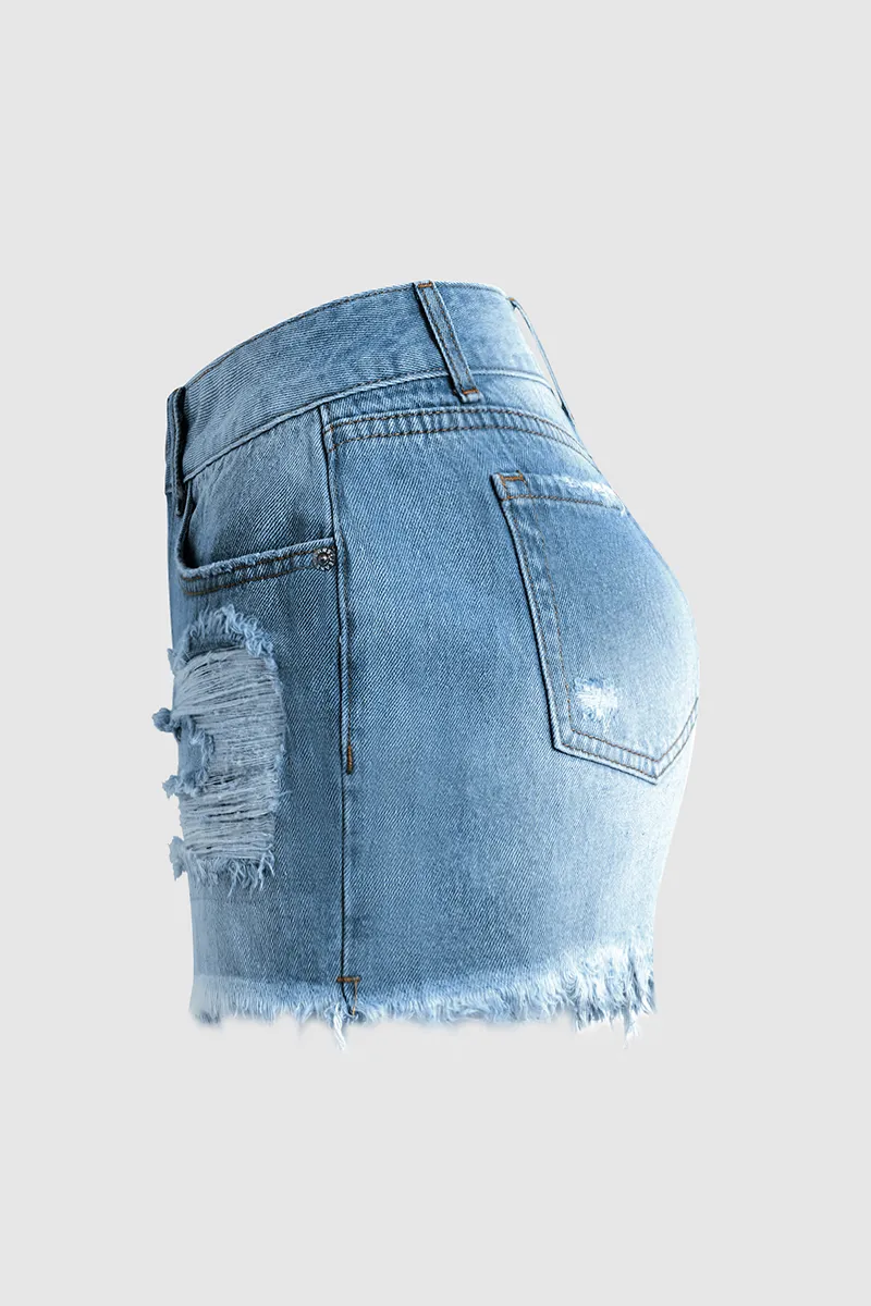 Button Fly Distressed Raw Hem Denim Shorts
