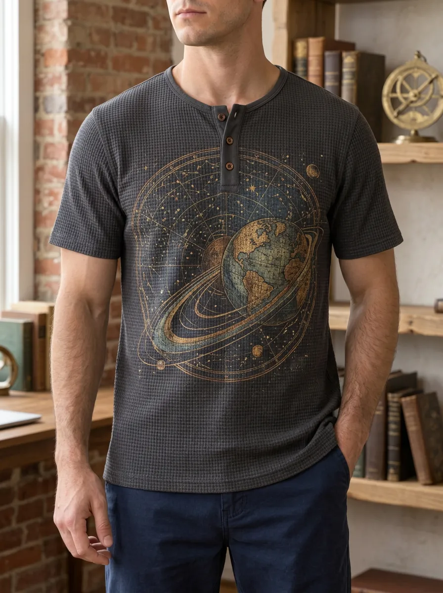 Men's Astronomy Lover Planet Earth Printed Henley T-shirt