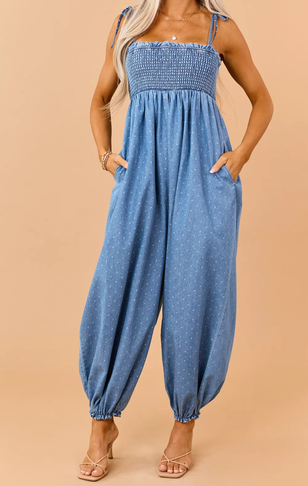 Wash Denim Polka Dot Sleeveless Jumpsuit