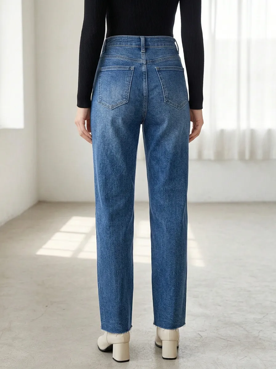 Women's High-Waisted Straight Leg Washed Denim Jeans