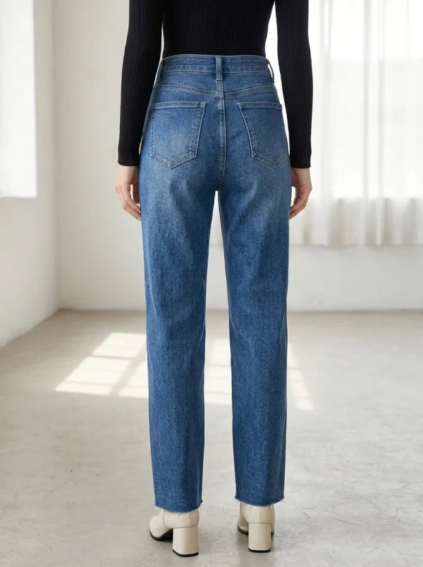 Women's High-Waisted Straight Leg Washed Denim Jeans