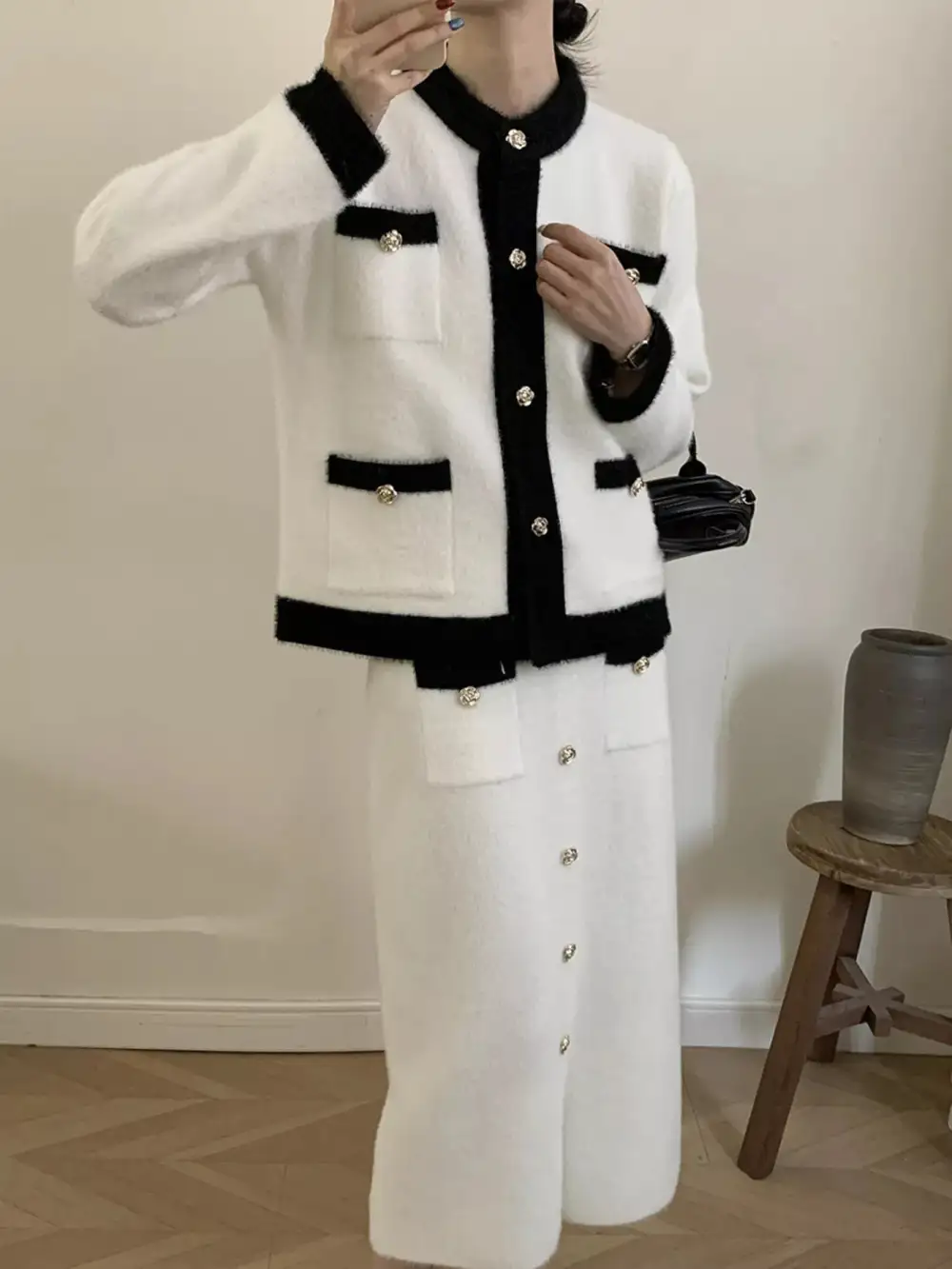 Contrast Trim Jacket and Skirts Sweater Set