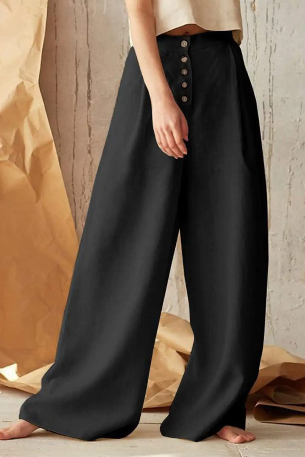 Front Button Wide Leg Cotton Linen Pants