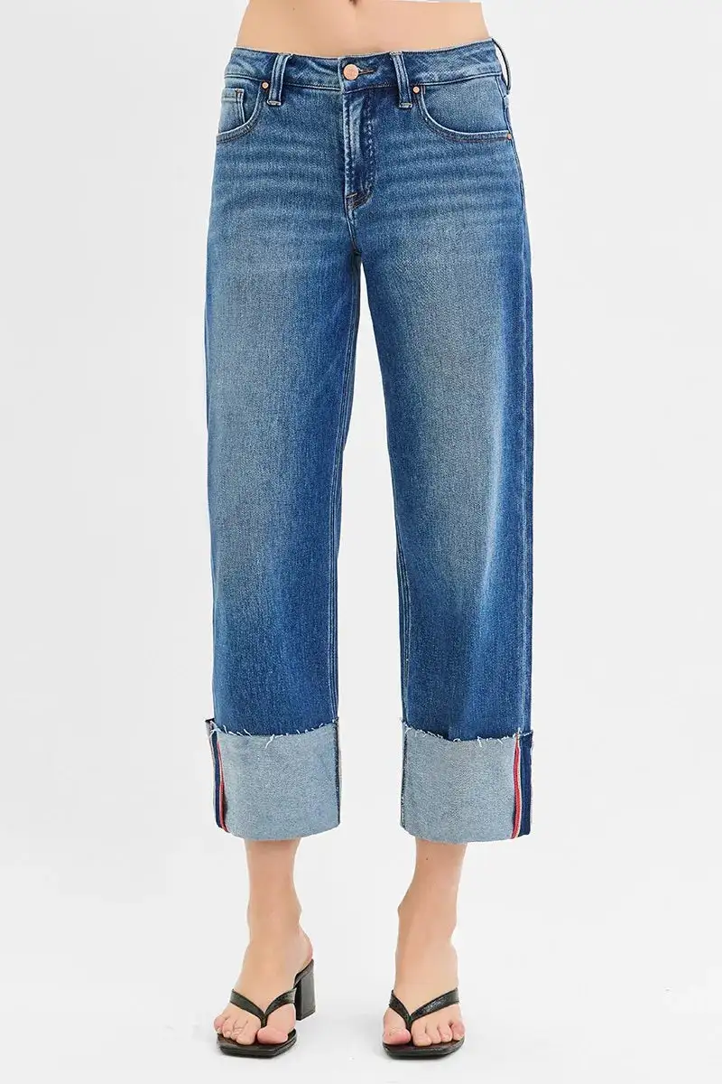 Tummy Control Mid Rise Crop Wide Denim Jeans