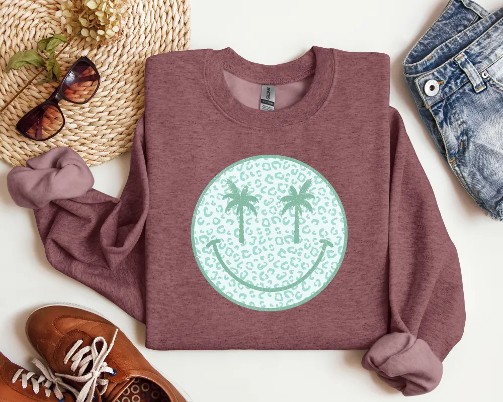 Palm Tree Smiley Graphic Crewneck Sweatshirt