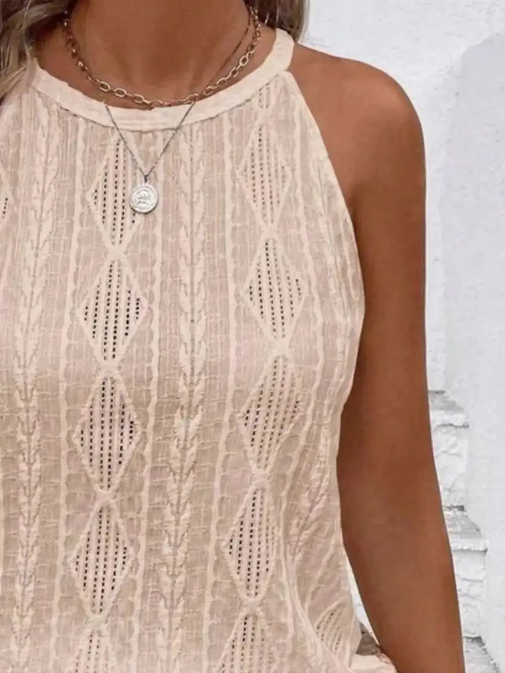 Round Neck Eyelet Textured