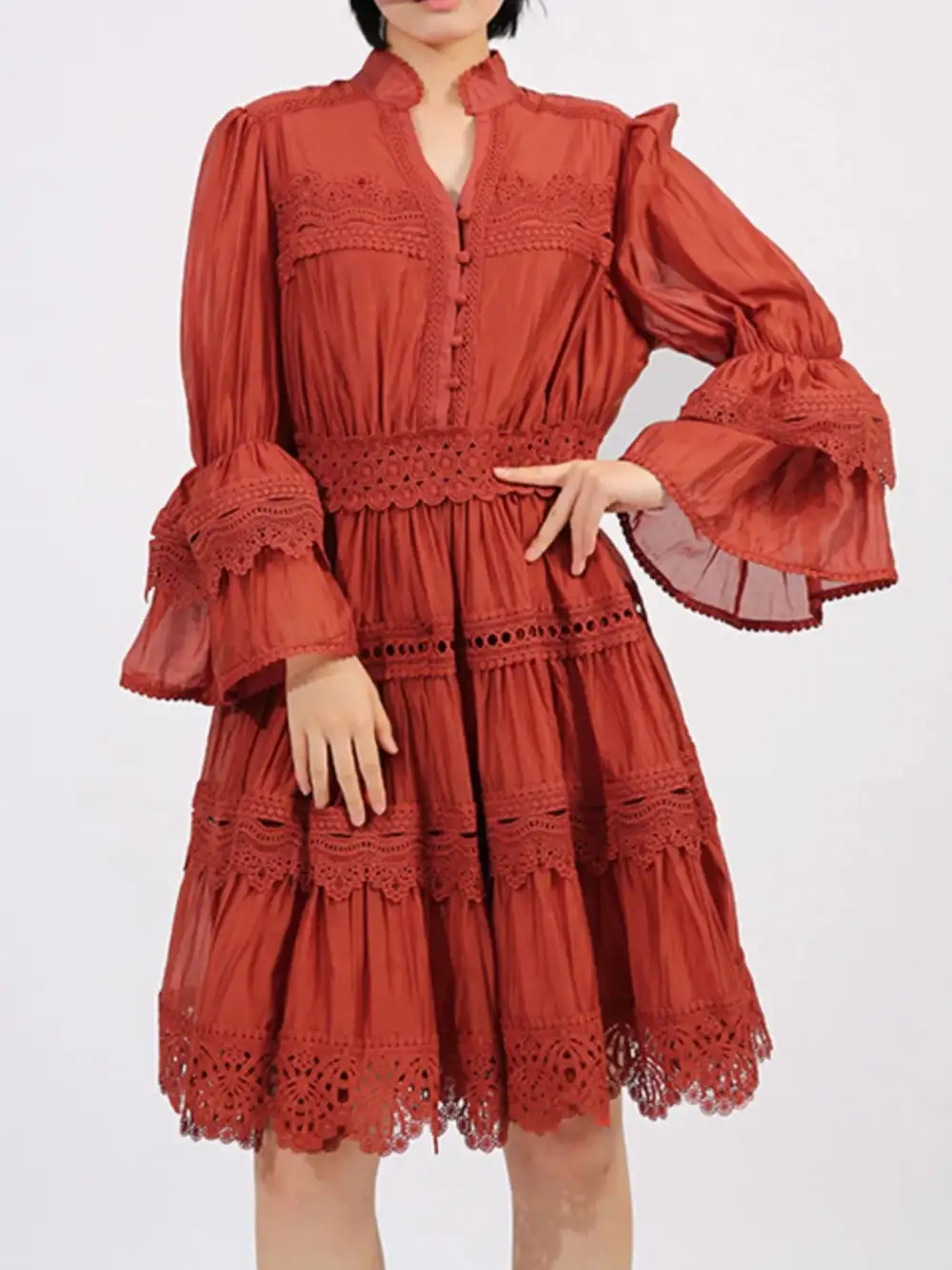 Easy Fit Lace Ruffle Long Sleeve Dress