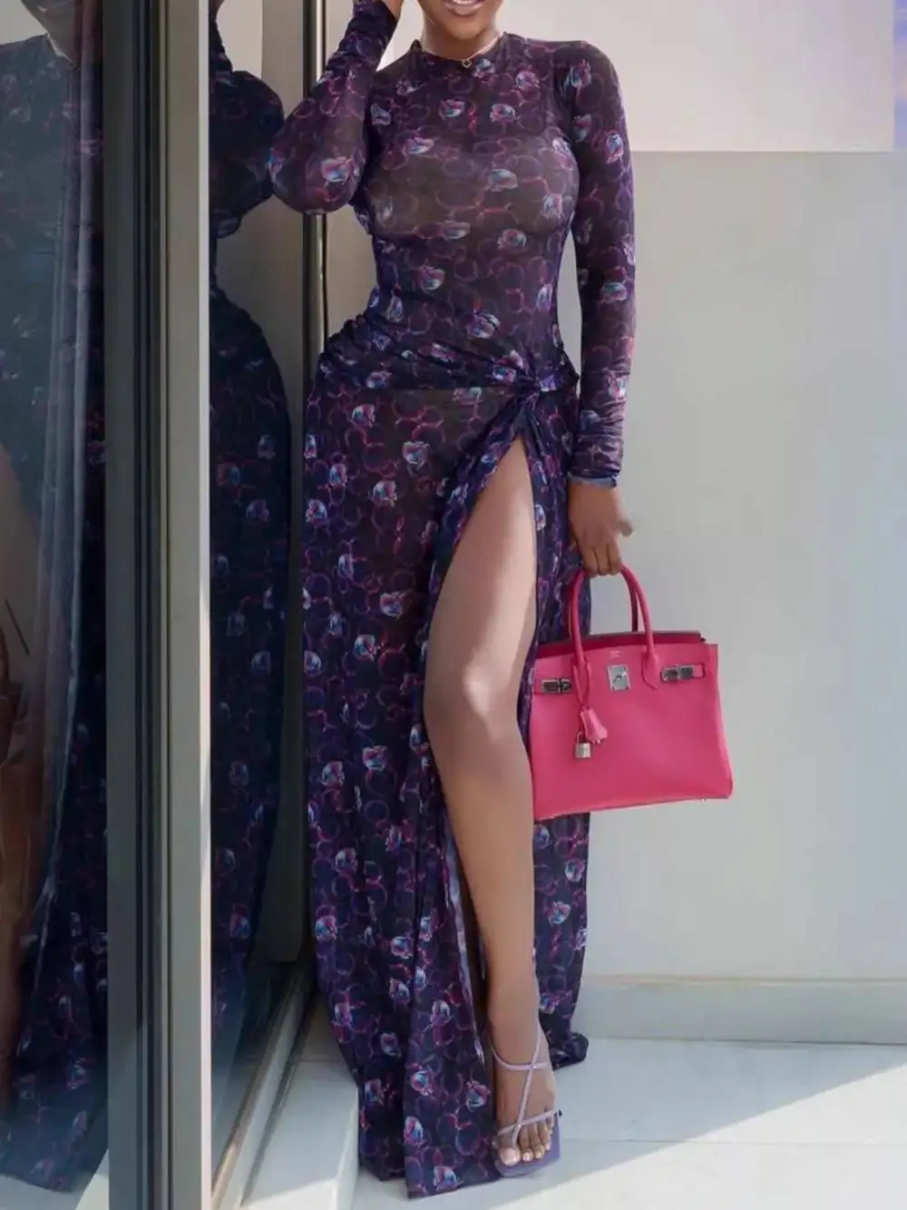 Sheer Floral Print Maxi Dress With High Slit