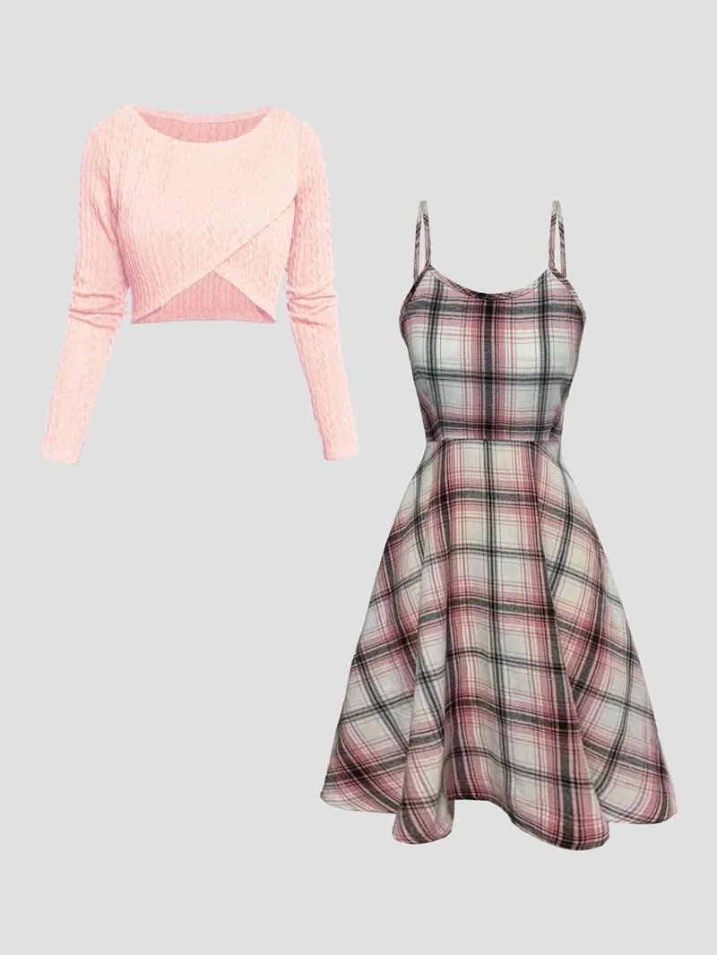 Women's Solid Wrap Hem Round Neck Textured Long Sleeve Crop Top & Plaid Print A-Line Dress Set