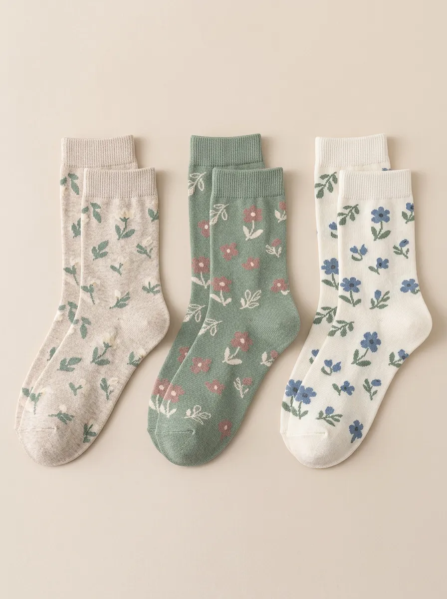 Women's Distinct Floral Crew Socks Three Pair Set
