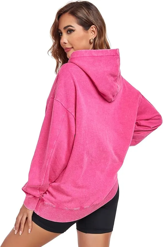 Women's Oversized Acid Wash Cotton Hoodie Minimalist Design Loose Fit with Kangaroo Pocket