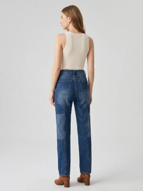 Women's Patchwork High Waisted Split Hem Denim Jeans