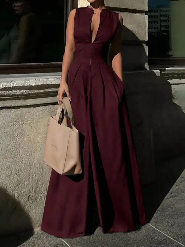 Jumpsuits Met Hoge Taille Losse Zakken Effen Kleur