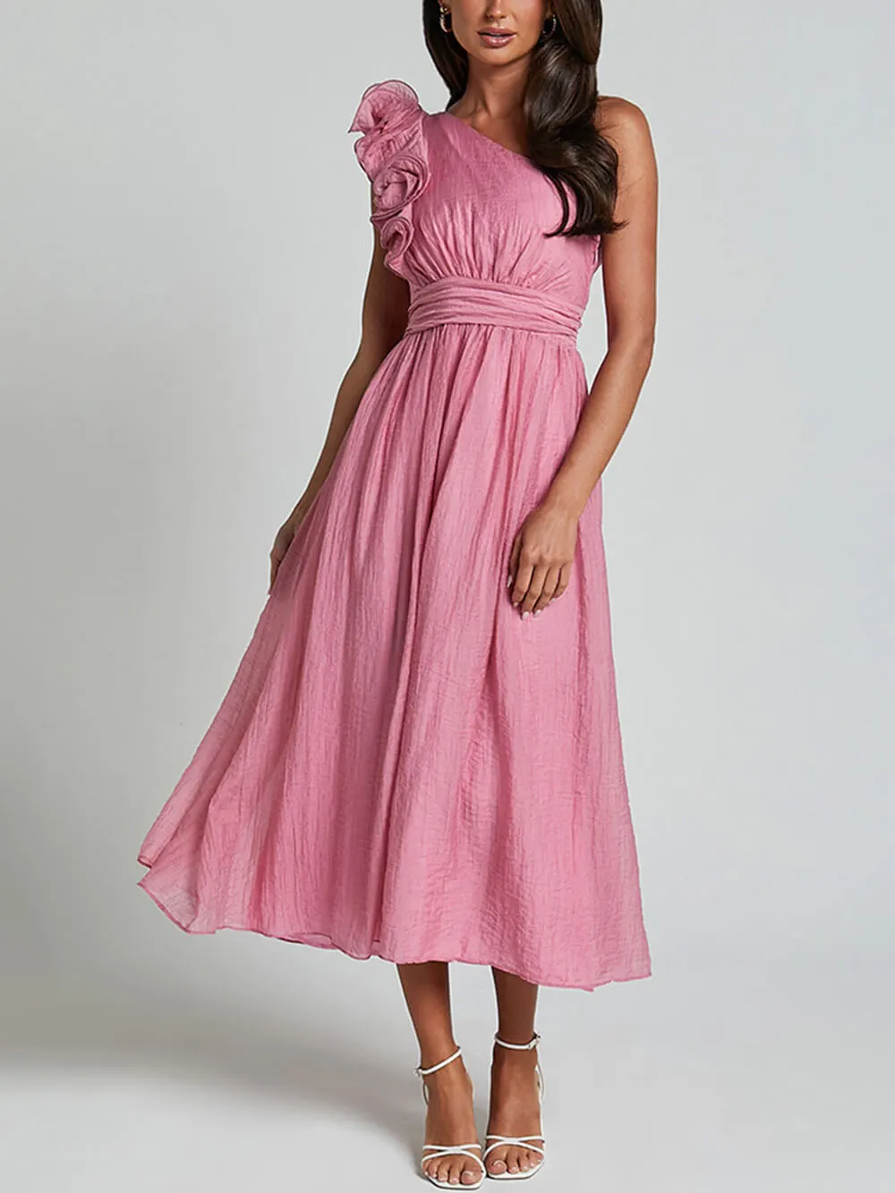 Romantic Seaside One Shoulder Frill Detail Midi Dress