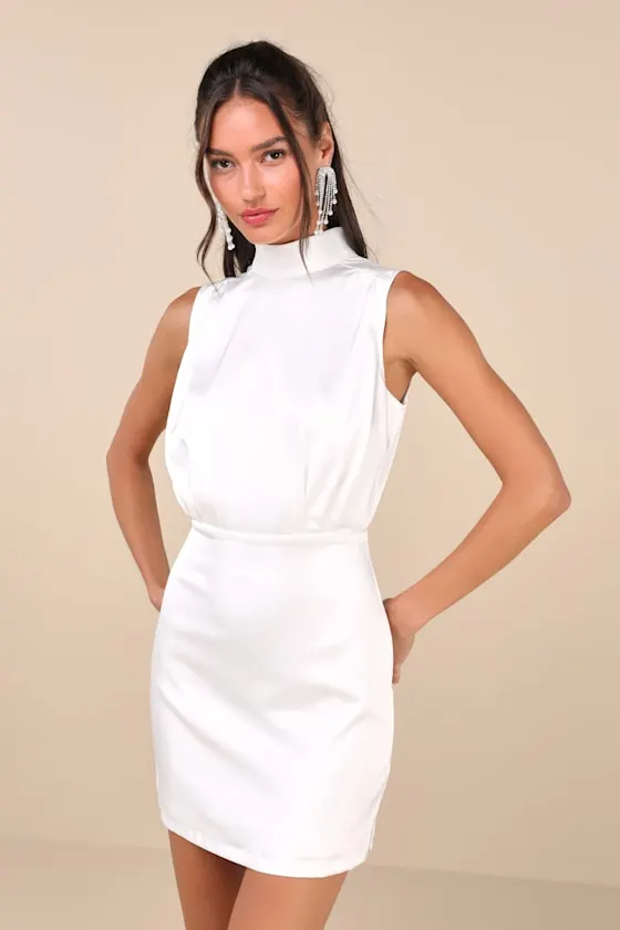 Classic Elegance Blush Satin Sleeveless Mock Neck Mini Dress