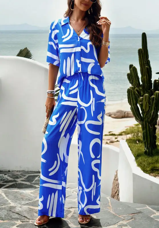 Printed Short Sleeved Trousers Coordinated Suit Shorts