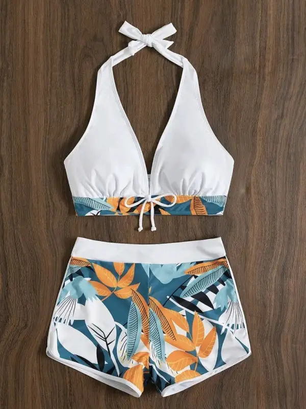 Split High Waist Boxer Ties Bikini Swim Set