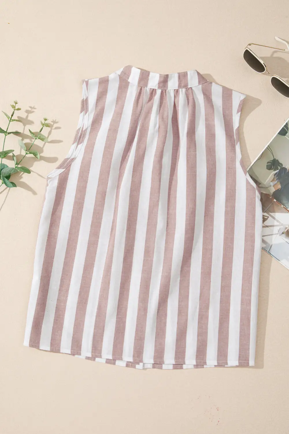 Khaki Stripe Casual Button Down Sleeveless Shirt
