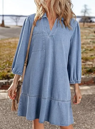 Women Fashion Fall Casual Babydoll 2025 V Neck 3/4 Puff Sleeve Jean Dresses