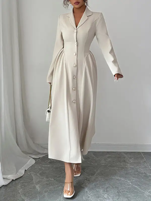 High Pleated Buttoned Shirt Maxi Dress