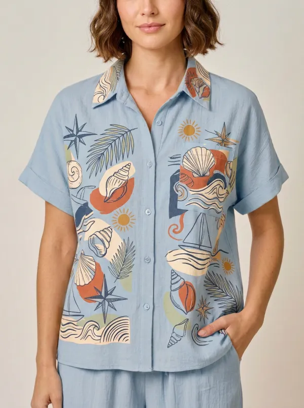 Women's Beach Vacation Seashell Sailboat Printed Button-up Shirt