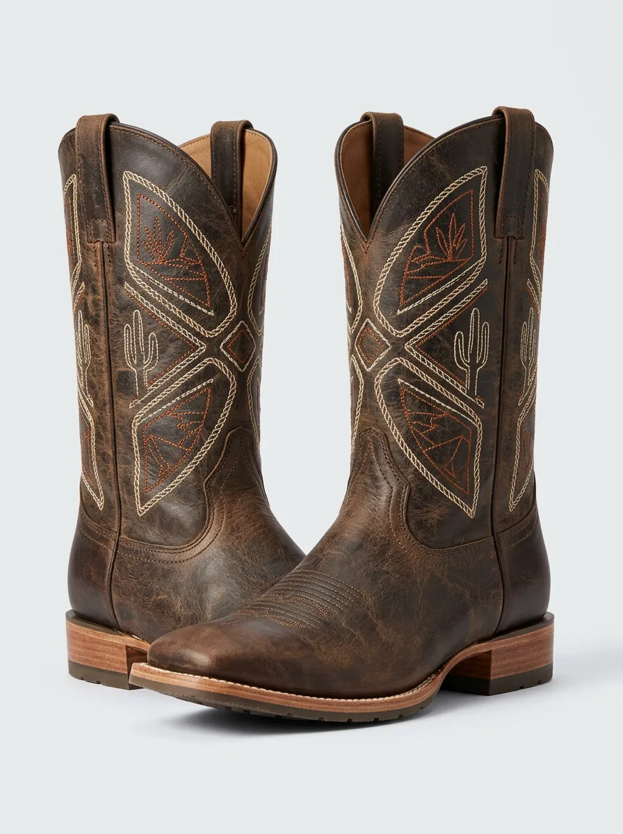 Men's Vintage-Inspired Cactus Embroidered Design Western Cowboy Boots