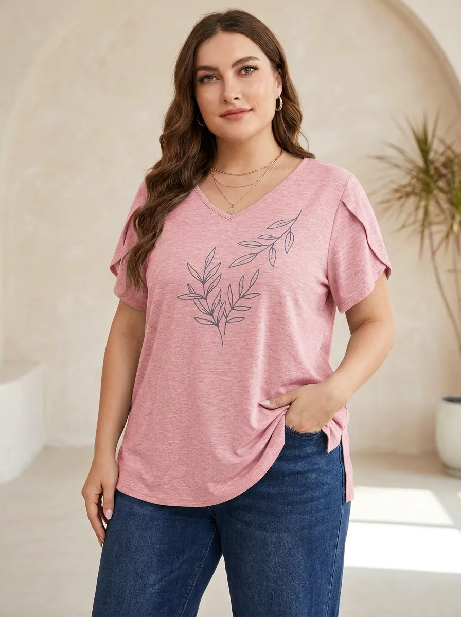 Women's Plus Size Grey V-Neck T-Shirt with Leaf Print
