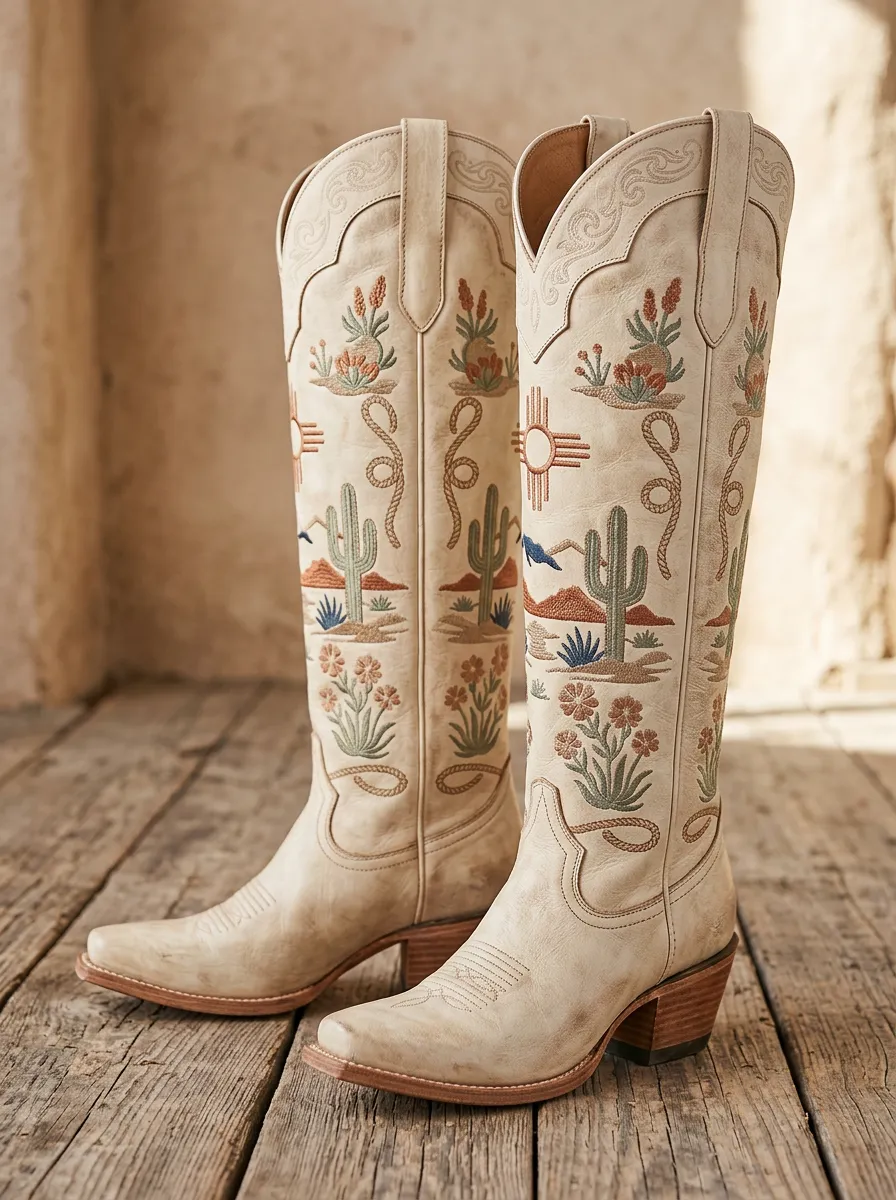 Women's Cactus Geometric Embroidered Pointed-Toe Block-Heel Stacked-Heel Western Denim Over-the-Knee Boots