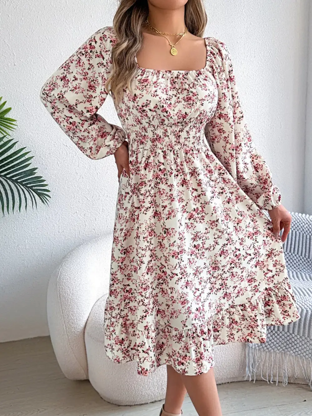 Floral Printed Square Neck Midi Dress