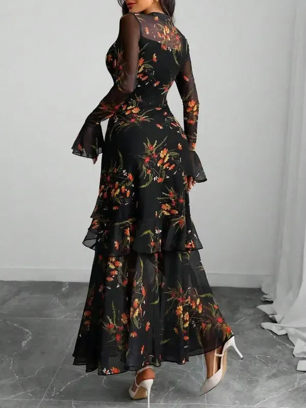 Women's Floral Print Dress, Elegant Gothic Long Sleeve Dress for Party Holiday Wedding Guest, Ladies Clothes for All Seasons