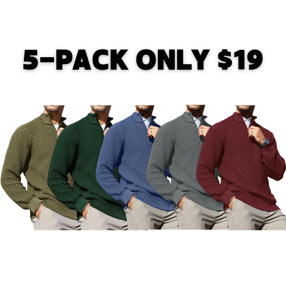 Men's Quarter-Zip Sweater Polo Zip Up Pullover Cable Knit Turtleneck Tops Long Sleeve