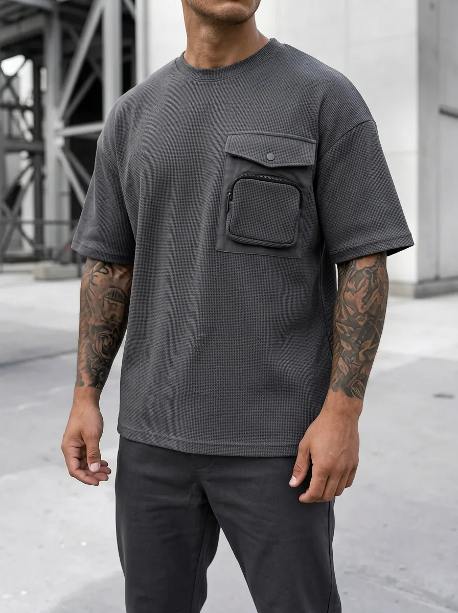 Heritage Waffle Knit Waffle Texture Casual Look Men's Cargo Pocket T-Shirt