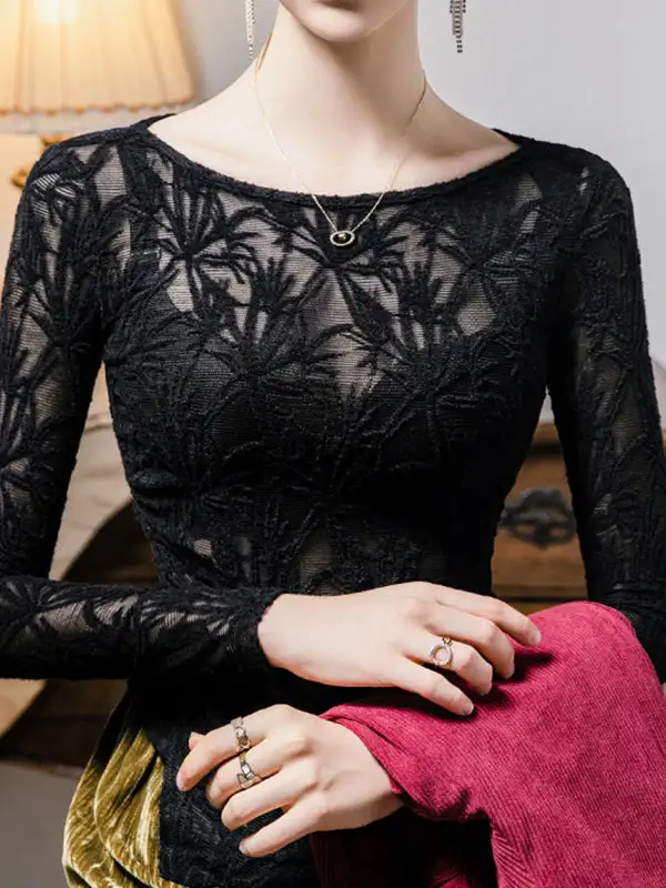 Long Sleeve Curve Fit Cutout Sheer Side Slit Round Neck T-Shirt
