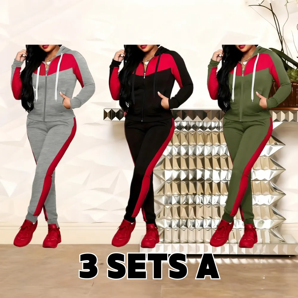 Two-Piece Set Women's Colorblock Zip Up Hoodie & Pocket Pants