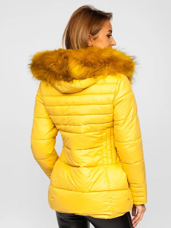 Women's yellow quilted winter jacket with hood