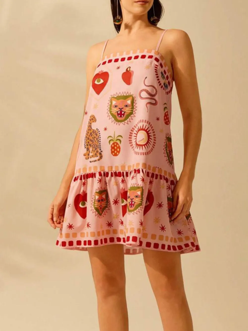 Textured Detail Printed Ruffle Mini Dress