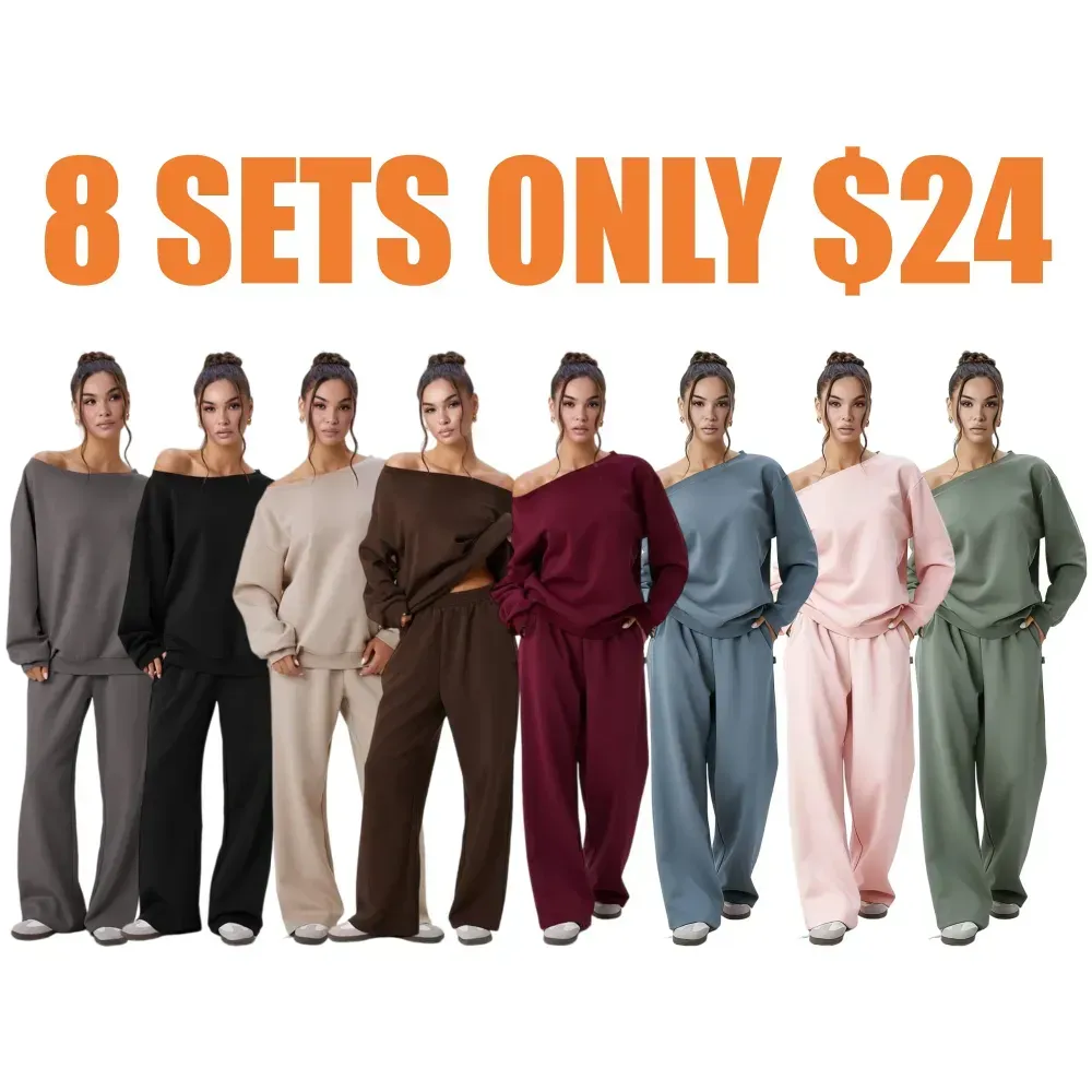 🔥Last Day 89% OFF🔥Women's Leisure Solid Color Sloping Shoulder Long Sleeve Top & Wide Leg Trousers Co-ord