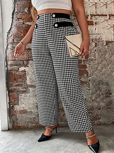 Plus Size Houndstooth Print High Waist Wide Leg Button Front Pants