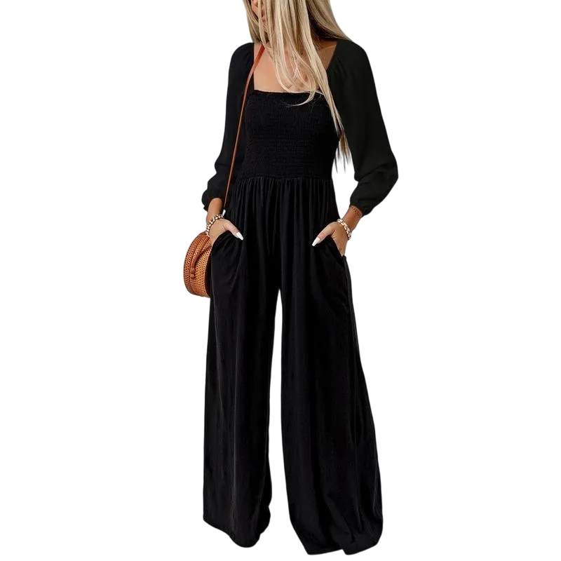 Women's Wide Leg Jumpsuit - Long Sleeve Loose Fit Overalls with Pockets