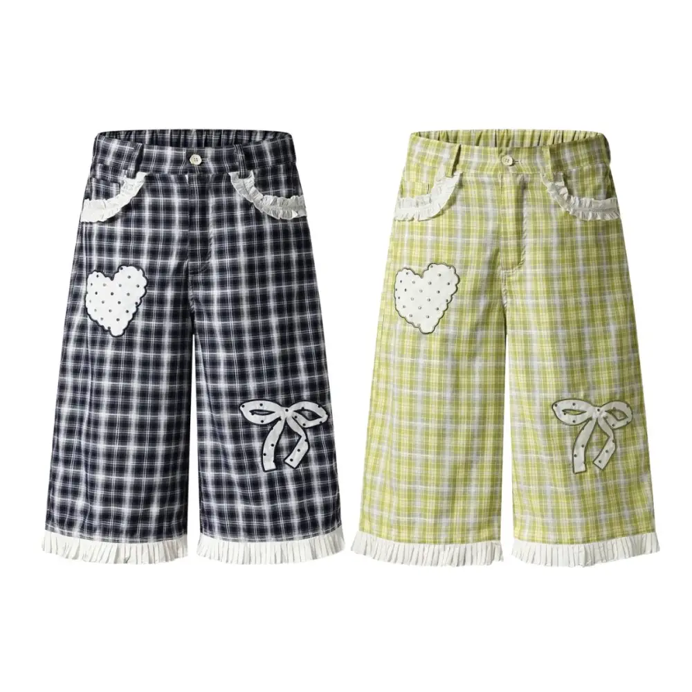 Relaxed Washed Plaid Denim Shorts