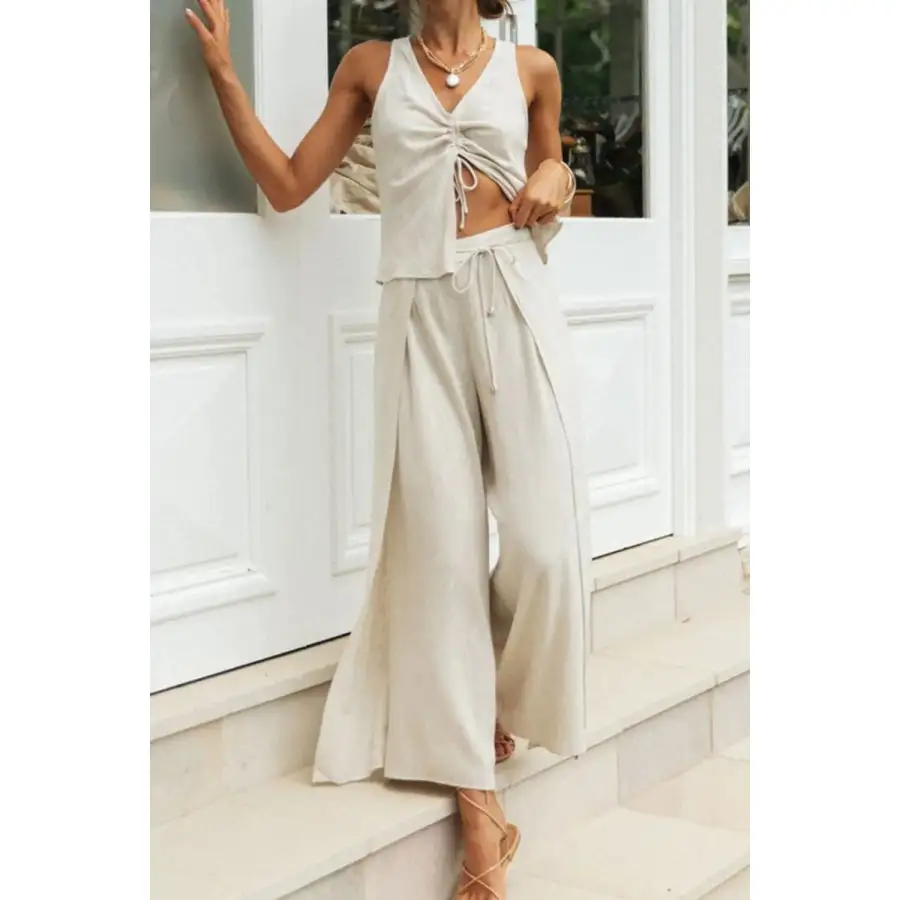 Drawstring V Neck Tank and Pants Set