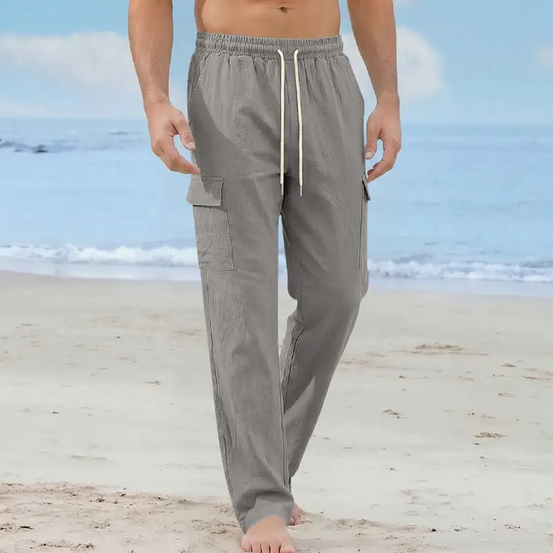 Men's Loose Linen Cargo Pants Waistband Pockets